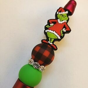 Handmade The Grinch Beaded Silicone Focal Bead Pen